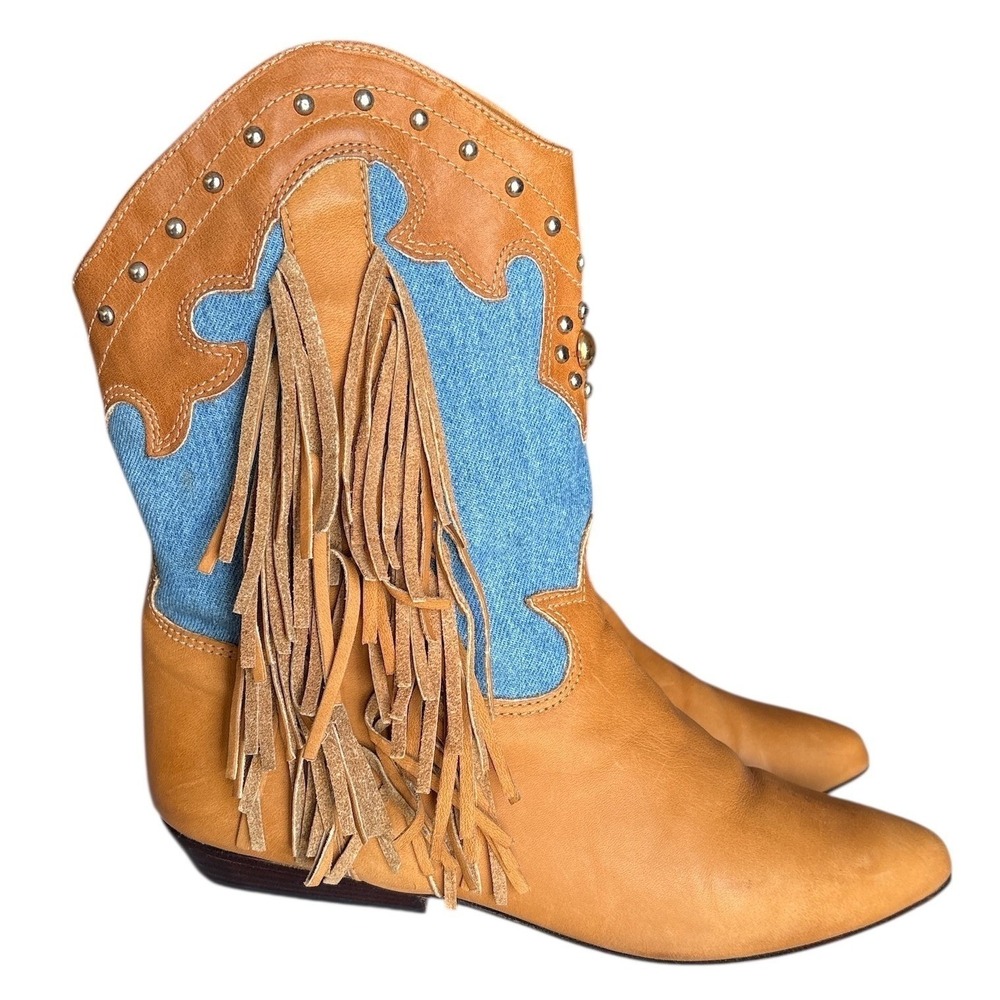 Vintage Zodiac USA Fringe Boots, Tan Leather & Denim, 8.5, Rare 70s Western Boho